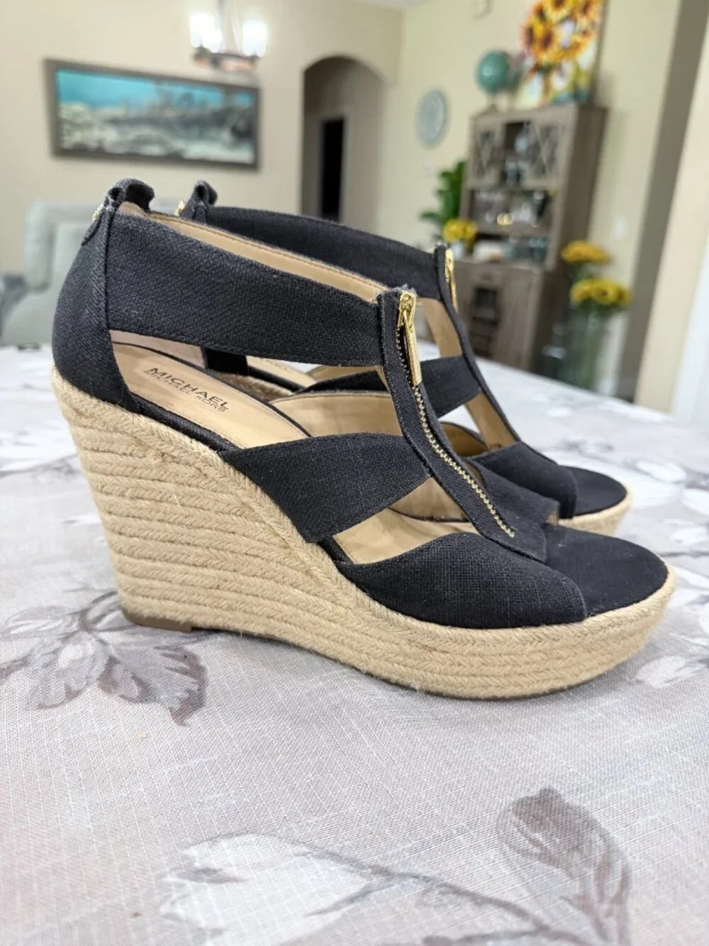 Michael Michael Kors Black Canvas Espadrille Wedge Sandals Estimated Sz 7.5 to 8